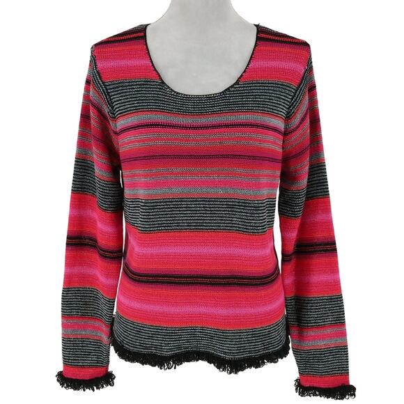 Sigrid Olsen Sport Sweater Womens Large Pink Black Stripe Sleeves Hem Fringe - Picture 1 of 13